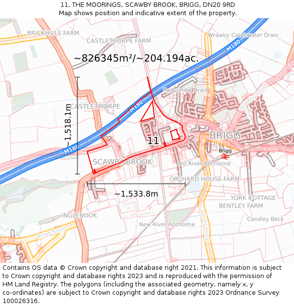 11, THE MOORINGS, SCAWBY BROOK, BRIGG, DN20 9RD: Plot and title map