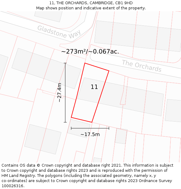 11, THE ORCHARDS, CAMBRIDGE, CB1 9HD: Plot and title map