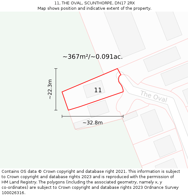 11, THE OVAL, SCUNTHORPE, DN17 2RX: Plot and title map