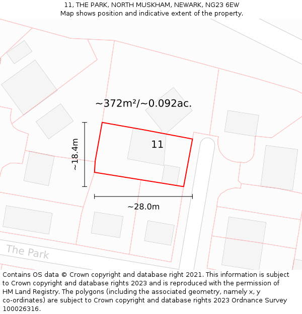 11, THE PARK, NORTH MUSKHAM, NEWARK, NG23 6EW: Plot and title map