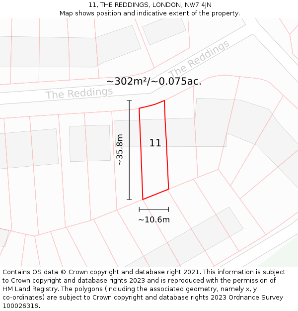 11, THE REDDINGS, LONDON, NW7 4JN: Plot and title map