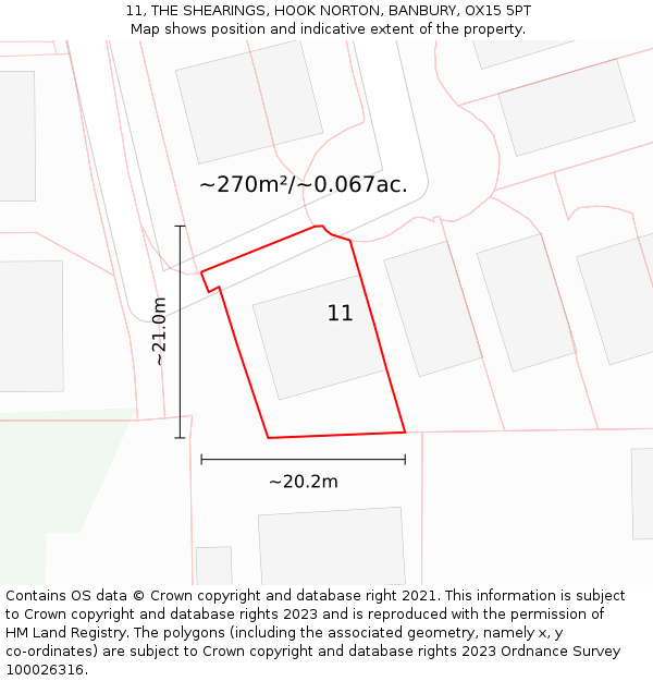 11, THE SHEARINGS, HOOK NORTON, BANBURY, OX15 5PT: Plot and title map