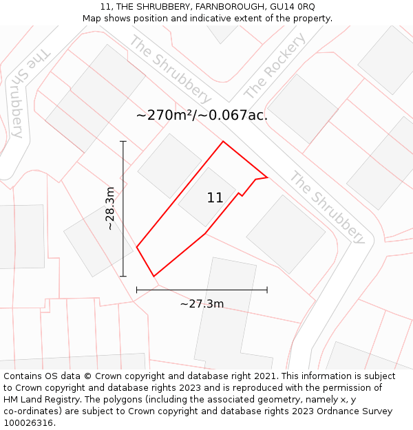 11, THE SHRUBBERY, FARNBOROUGH, GU14 0RQ: Plot and title map