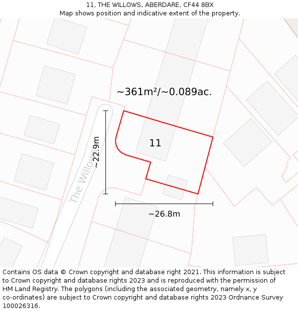 11, THE WILLOWS, ABERDARE, CF44 8BX: Plot and title map