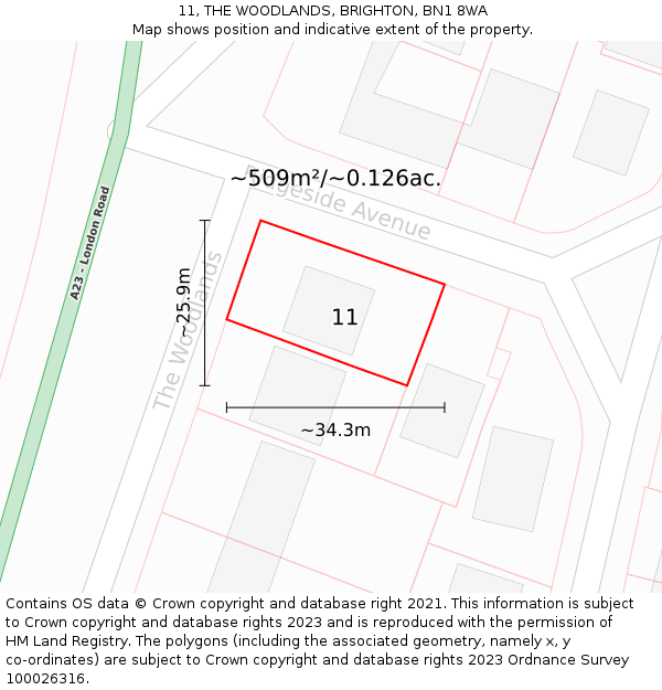11, THE WOODLANDS, BRIGHTON, BN1 8WA: Plot and title map