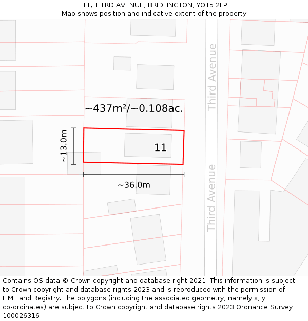 11, THIRD AVENUE, BRIDLINGTON, YO15 2LP: Plot and title map