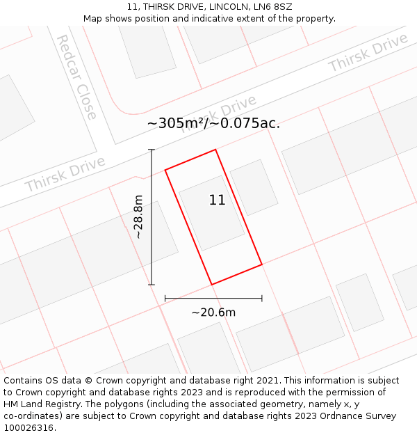 11, THIRSK DRIVE, LINCOLN, LN6 8SZ: Plot and title map