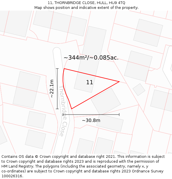 11, THORNBRIDGE CLOSE, HULL, HU9 4TQ: Plot and title map