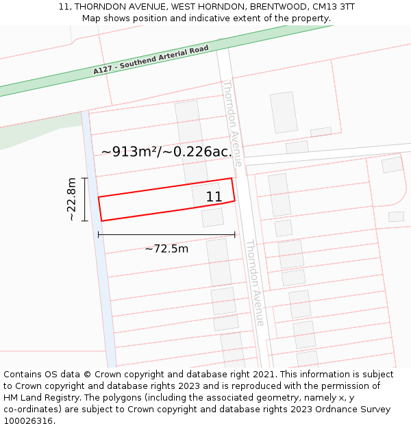 11, THORNDON AVENUE, WEST HORNDON, BRENTWOOD, CM13 3TT: Plot and title map