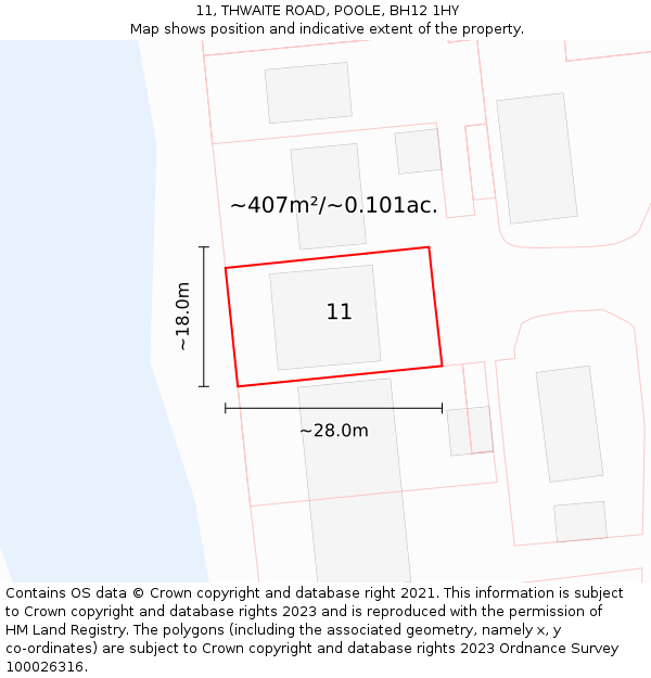 11, THWAITE ROAD, POOLE, BH12 1HY: Plot and title map