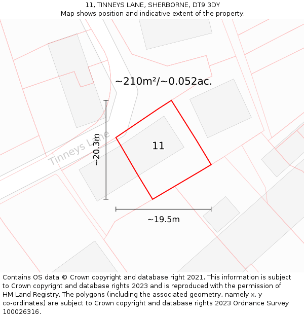 11, TINNEYS LANE, SHERBORNE, DT9 3DY: Plot and title map