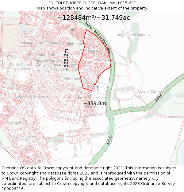 11, TOLETHORPE CLOSE, OAKHAM, LE15 6GF: Plot and title map