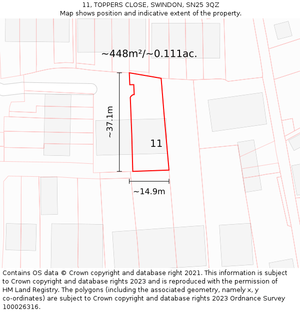 11, TOPPERS CLOSE, SWINDON, SN25 3QZ: Plot and title map