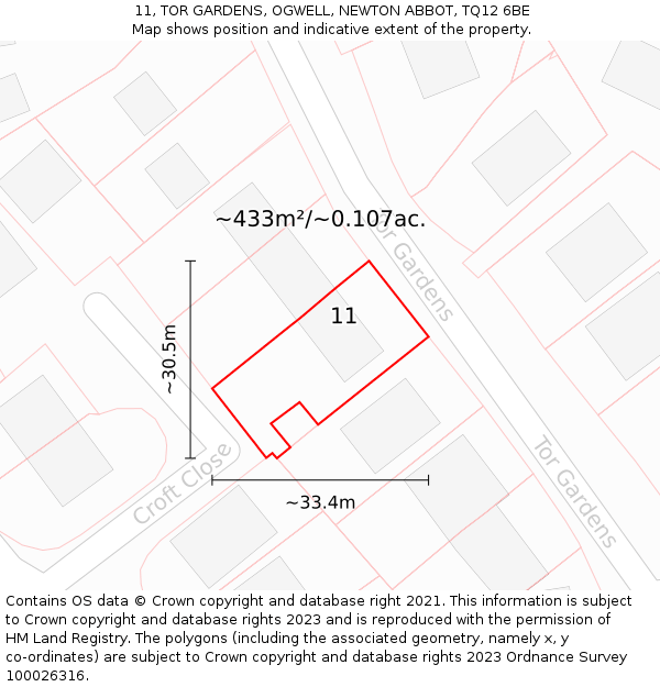 11, TOR GARDENS, OGWELL, NEWTON ABBOT, TQ12 6BE: Plot and title map