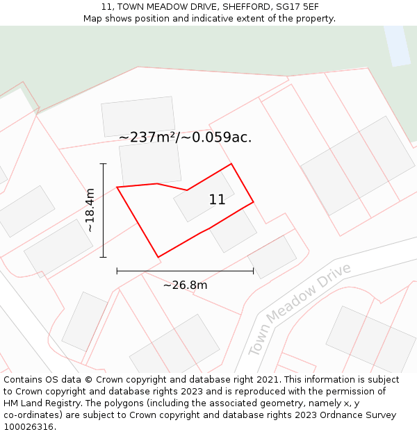 11, TOWN MEADOW DRIVE, SHEFFORD, SG17 5EF: Plot and title map