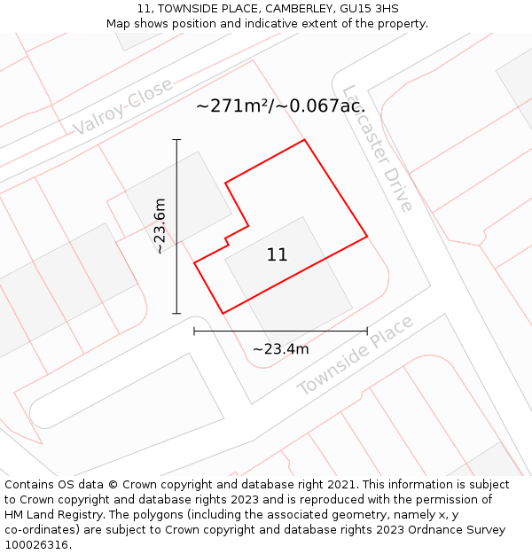 11, TOWNSIDE PLACE, CAMBERLEY, GU15 3HS: Plot and title map