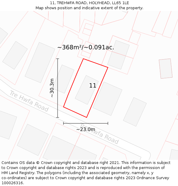 11, TREHWFA ROAD, HOLYHEAD, LL65 1LE: Plot and title map