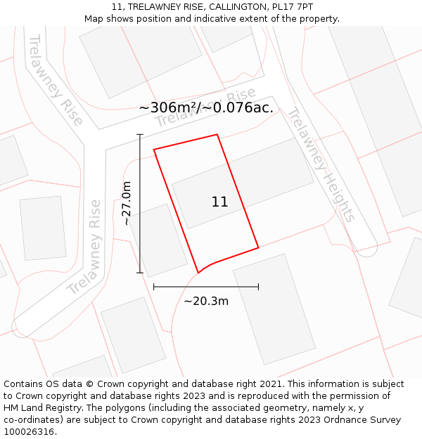 11, TRELAWNEY RISE, CALLINGTON, PL17 7PT: Plot and title map