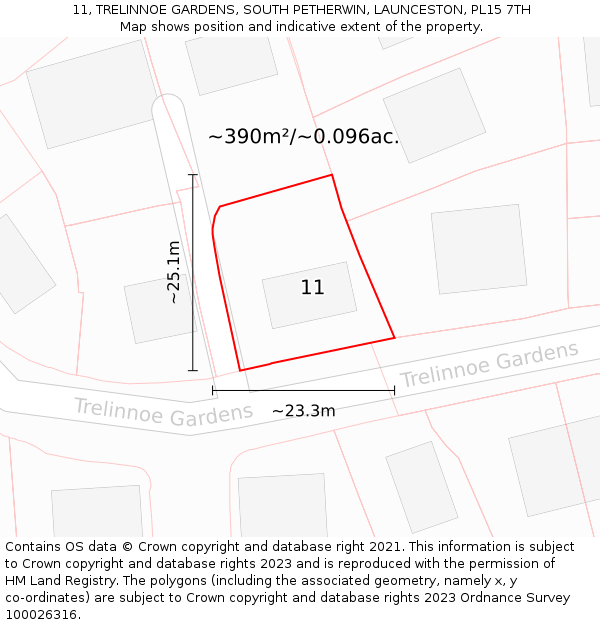 11, TRELINNOE GARDENS, SOUTH PETHERWIN, LAUNCESTON, PL15 7TH: Plot and title map