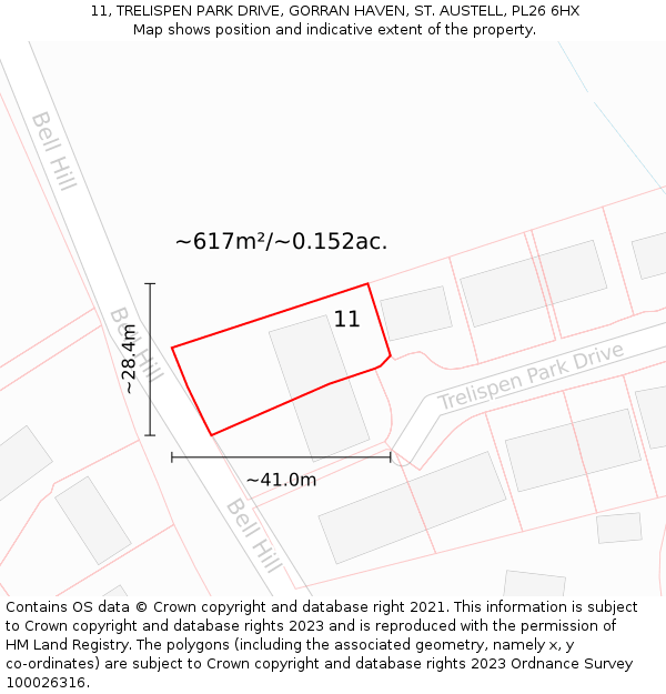 11, TRELISPEN PARK DRIVE, GORRAN HAVEN, ST. AUSTELL, PL26 6HX: Plot and title map