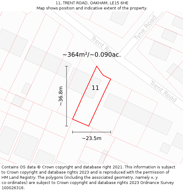 11, TRENT ROAD, OAKHAM, LE15 6HE: Plot and title map