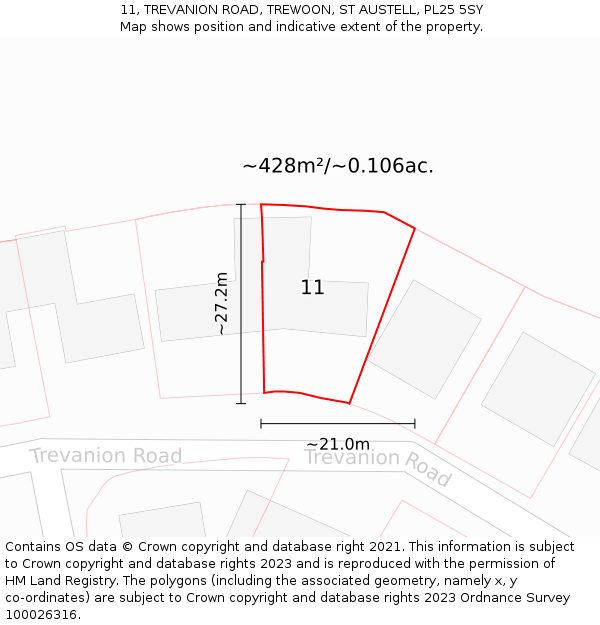 11, TREVANION ROAD, TREWOON, ST AUSTELL, PL25 5SY: Plot and title map