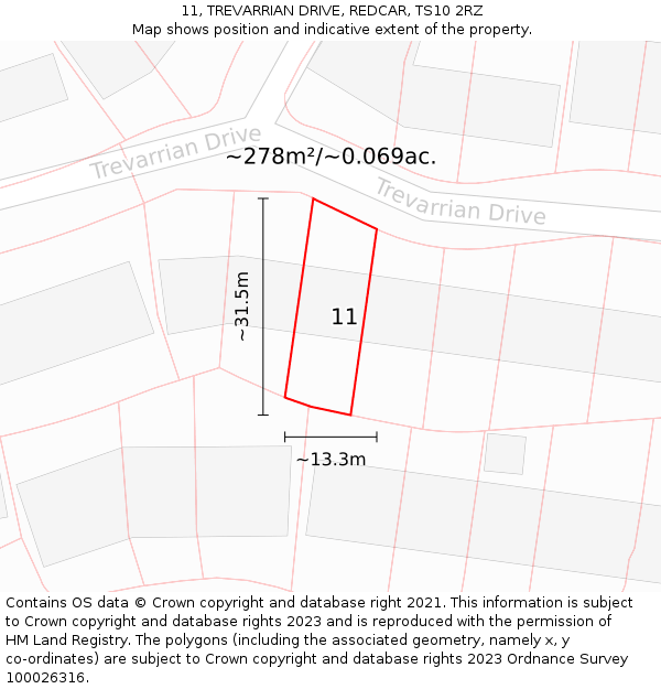 11, TREVARRIAN DRIVE, REDCAR, TS10 2RZ: Plot and title map