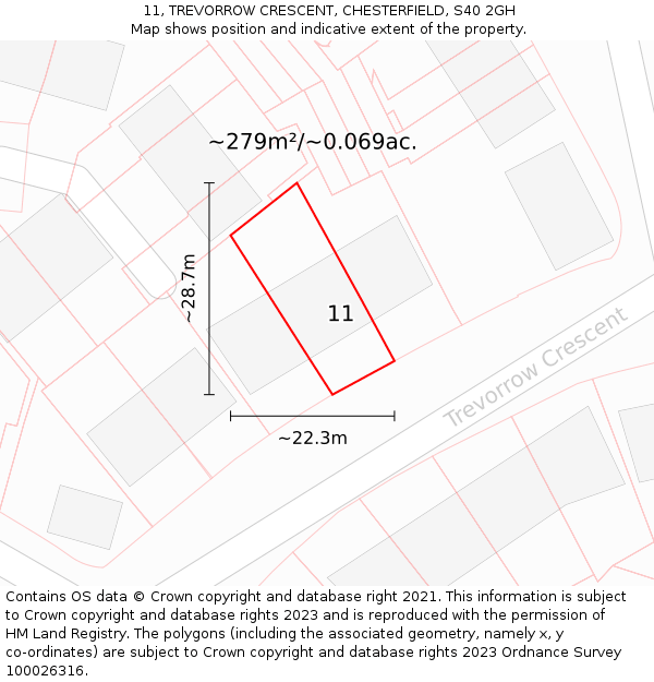 11, TREVORROW CRESCENT, CHESTERFIELD, S40 2GH: Plot and title map