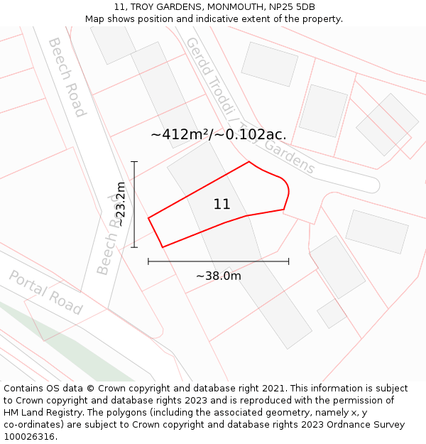 11, TROY GARDENS, MONMOUTH, NP25 5DB: Plot and title map