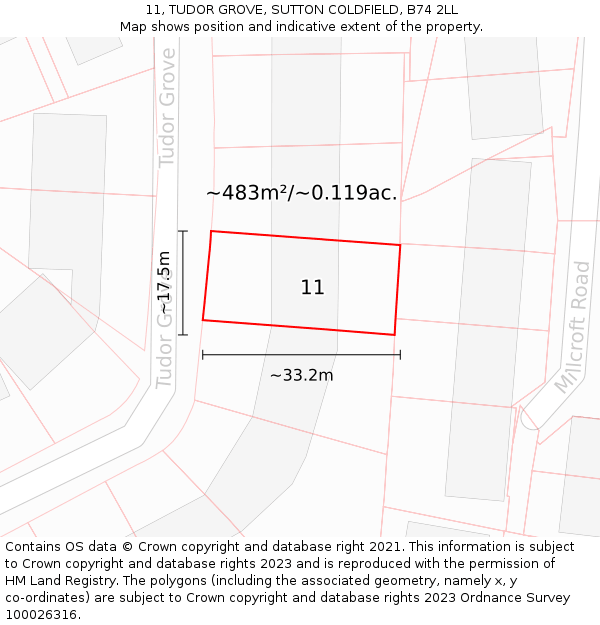 11, TUDOR GROVE, SUTTON COLDFIELD, B74 2LL: Plot and title map