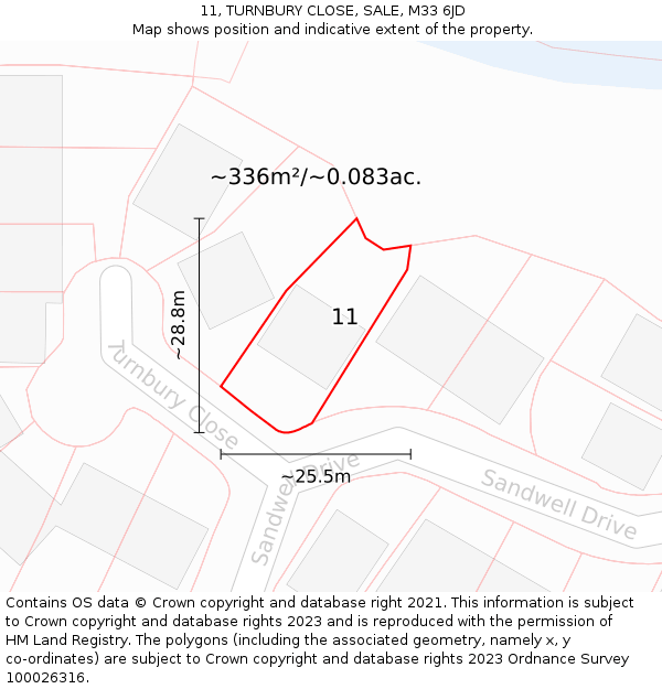 11, TURNBURY CLOSE, SALE, M33 6JD: Plot and title map