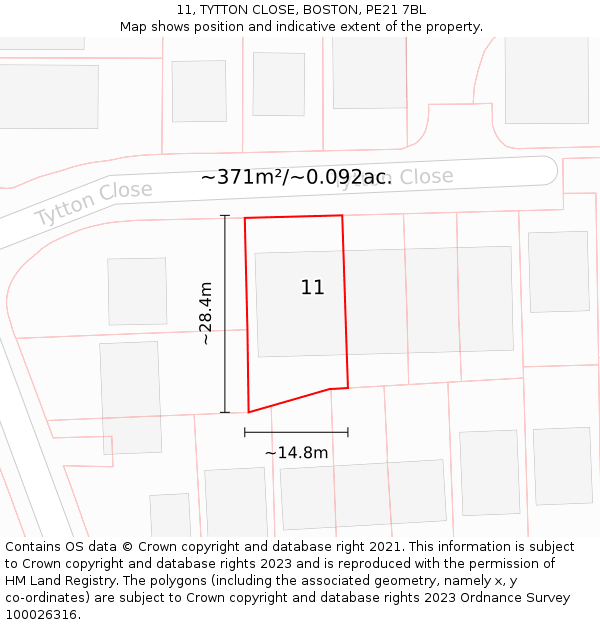 11, TYTTON CLOSE, BOSTON, PE21 7BL: Plot and title map