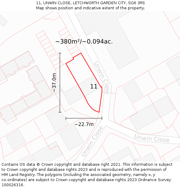 11, UNWIN CLOSE, LETCHWORTH GARDEN CITY, SG6 3RS: Plot and title map