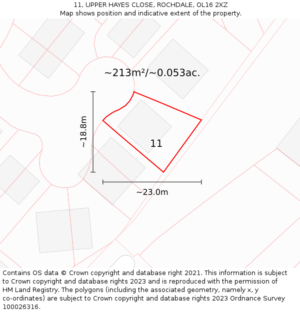 11, UPPER HAYES CLOSE, ROCHDALE, OL16 2XZ: Plot and title map