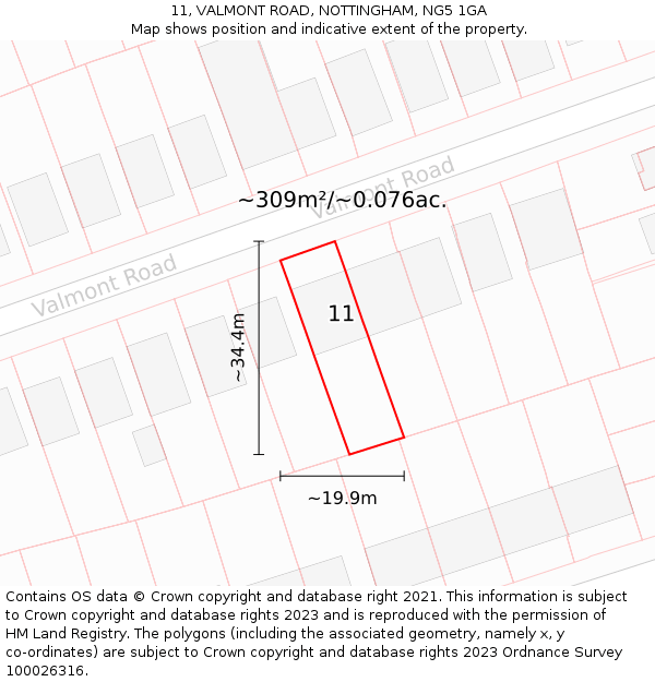 11, VALMONT ROAD, NOTTINGHAM, NG5 1GA: Plot and title map