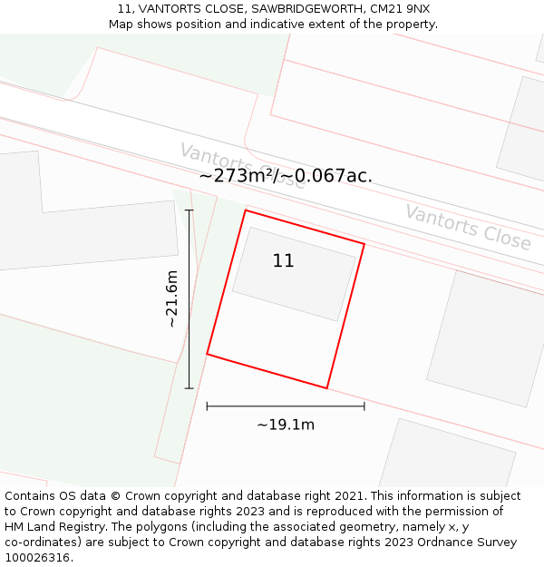 11, VANTORTS CLOSE, SAWBRIDGEWORTH, CM21 9NX: Plot and title map