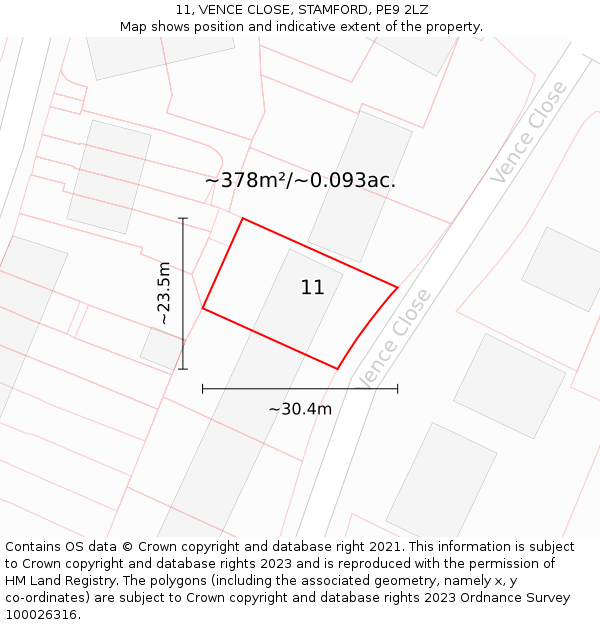 11, VENCE CLOSE, STAMFORD, PE9 2LZ: Plot and title map