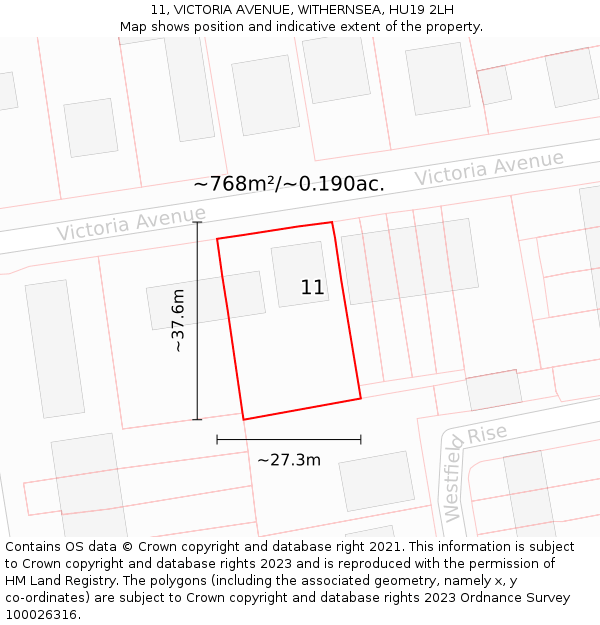 11, VICTORIA AVENUE, WITHERNSEA, HU19 2LH: Plot and title map