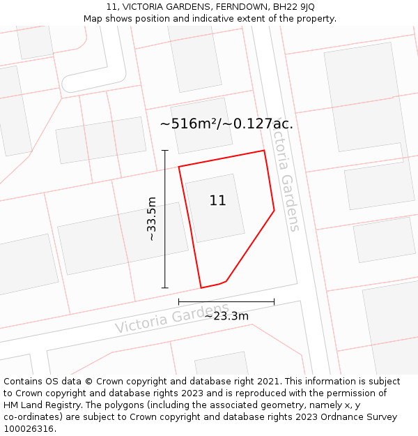 11, VICTORIA GARDENS, FERNDOWN, BH22 9JQ: Plot and title map