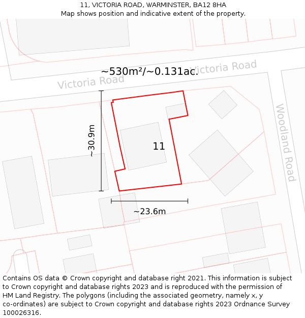 11, VICTORIA ROAD, WARMINSTER, BA12 8HA: Plot and title map