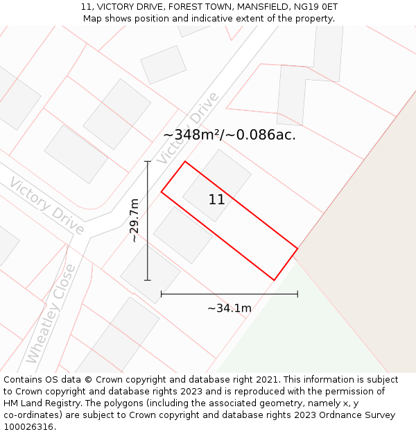 11, VICTORY DRIVE, FOREST TOWN, MANSFIELD, NG19 0ET: Plot and title map