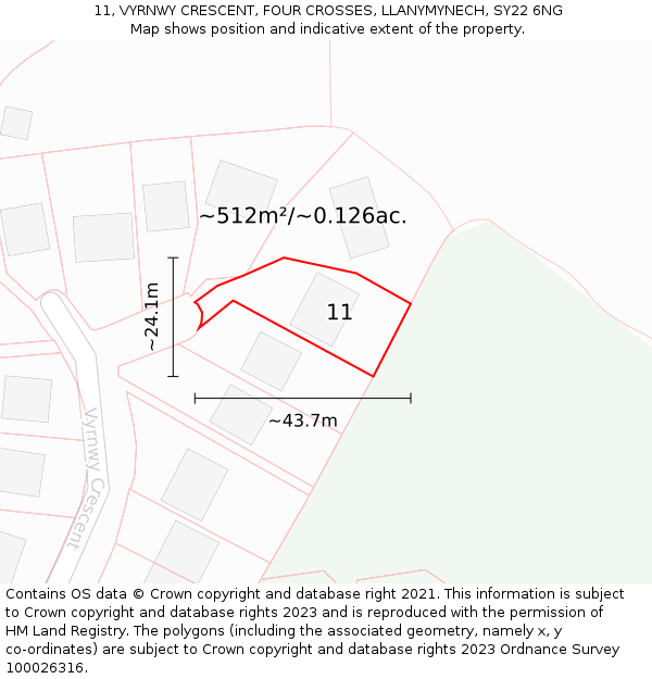 11, VYRNWY CRESCENT, FOUR CROSSES, LLANYMYNECH, SY22 6NG: Plot and title map