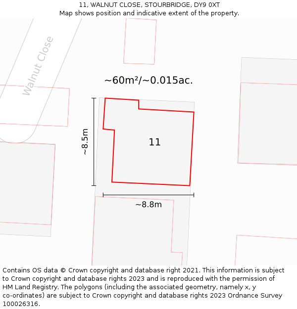 11, WALNUT CLOSE, STOURBRIDGE, DY9 0XT: Plot and title map