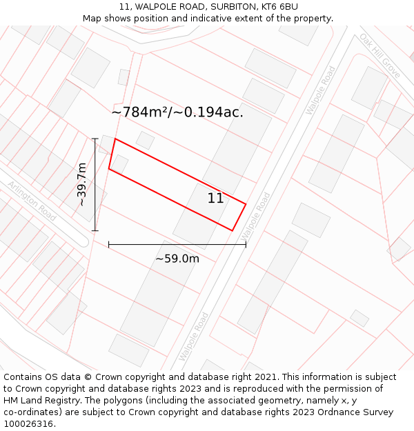 11, WALPOLE ROAD, SURBITON, KT6 6BU: Plot and title map