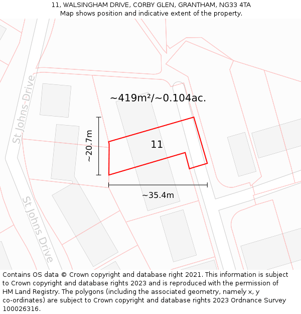 11, WALSINGHAM DRIVE, CORBY GLEN, GRANTHAM, NG33 4TA: Plot and title map