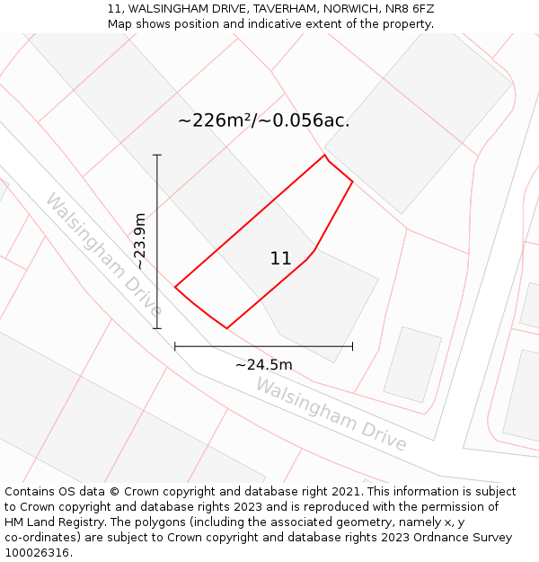 11, WALSINGHAM DRIVE, TAVERHAM, NORWICH, NR8 6FZ: Plot and title map