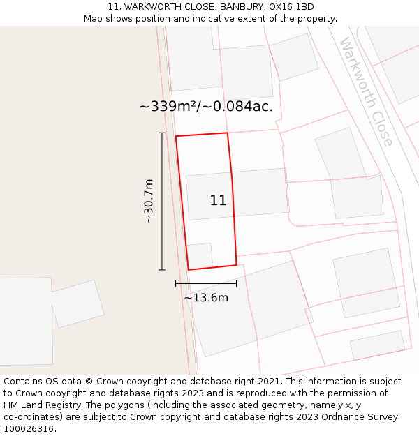 11, WARKWORTH CLOSE, BANBURY, OX16 1BD: Plot and title map