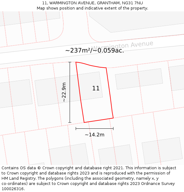 11, WARMINGTON AVENUE, GRANTHAM, NG31 7NU: Plot and title map