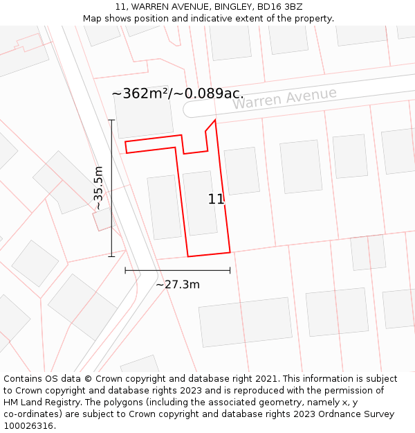 11, WARREN AVENUE, BINGLEY, BD16 3BZ: Plot and title map