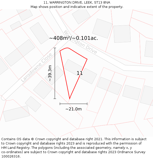 11, WARRINGTON DRIVE, LEEK, ST13 8NA: Plot and title map